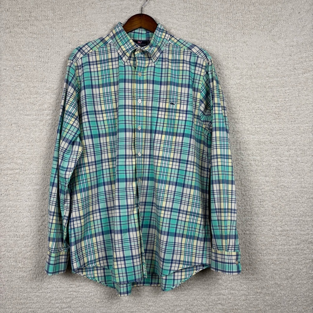 Vineyard Vines Shirt Mens L Green Blue Plaid Slim Fit Tucker Cotton Button Down